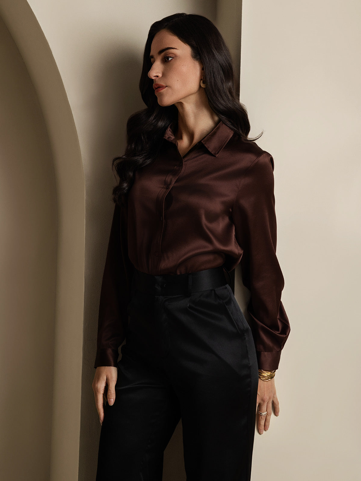 19Momme Silk Long Sleeve Lapel Collar Women's Shirt