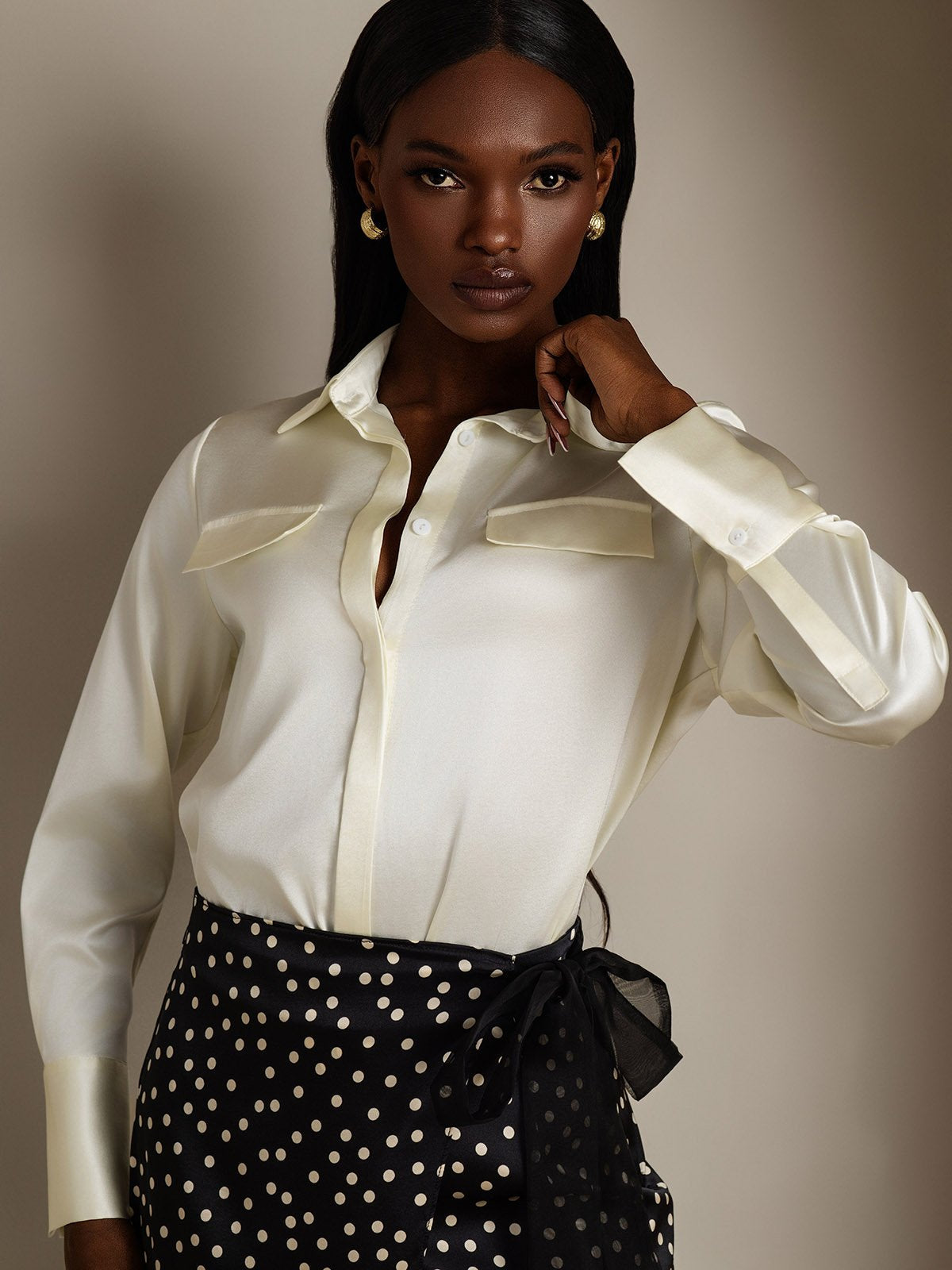 Women's 19Momme Silk Long Sleeve Lapel Collar Military Shirt