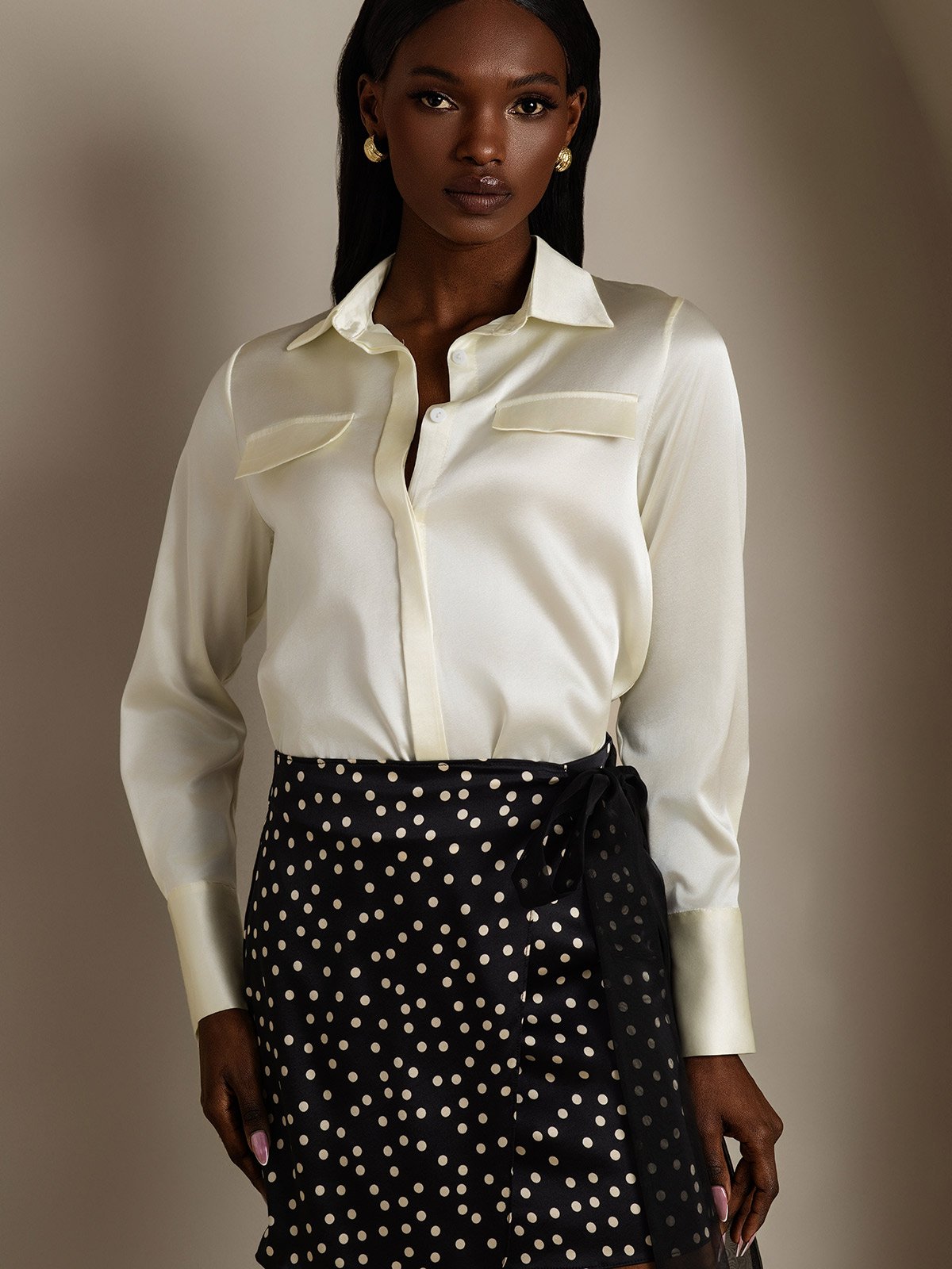 Women's 19Momme Silk Long Sleeve Lapel Collar Military Shirt