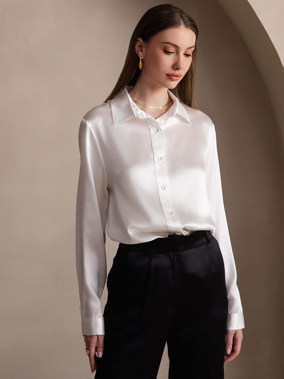 19Momme Silk Long Sleeve Lapel Collar Women's Shirt