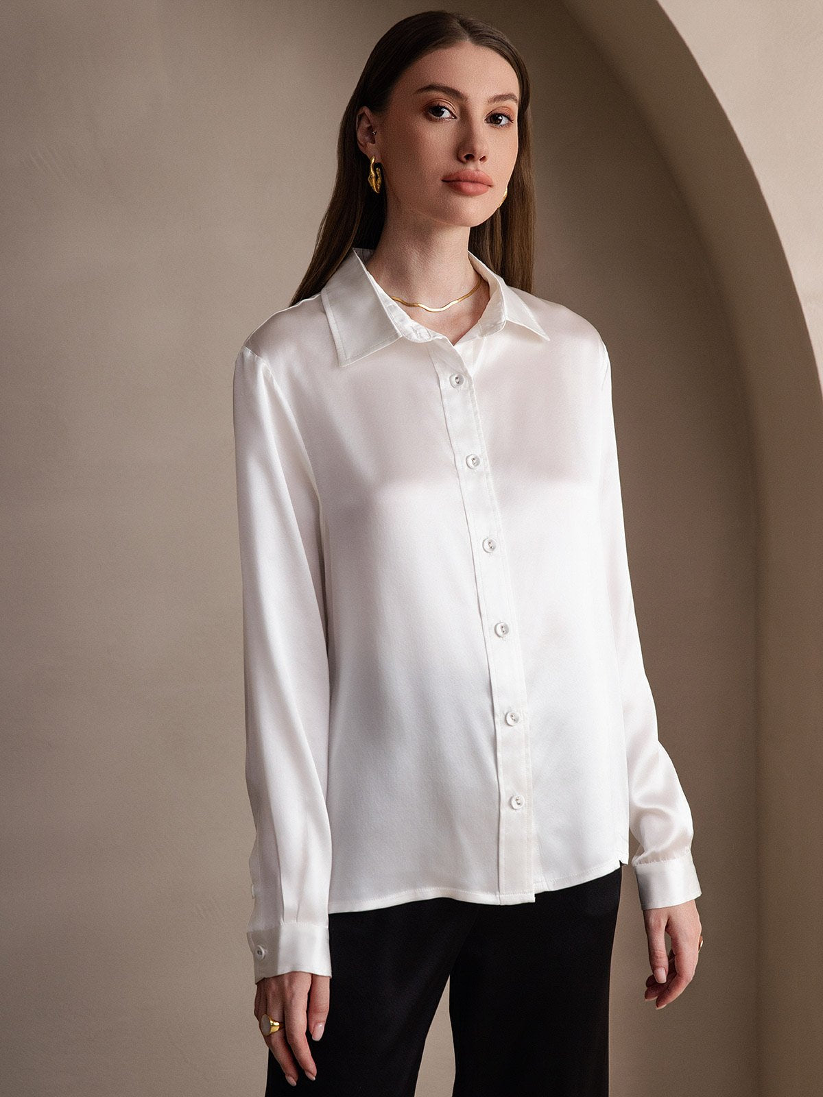 19Momme Silk Long Sleeve Lapel Collar Women's Shirt