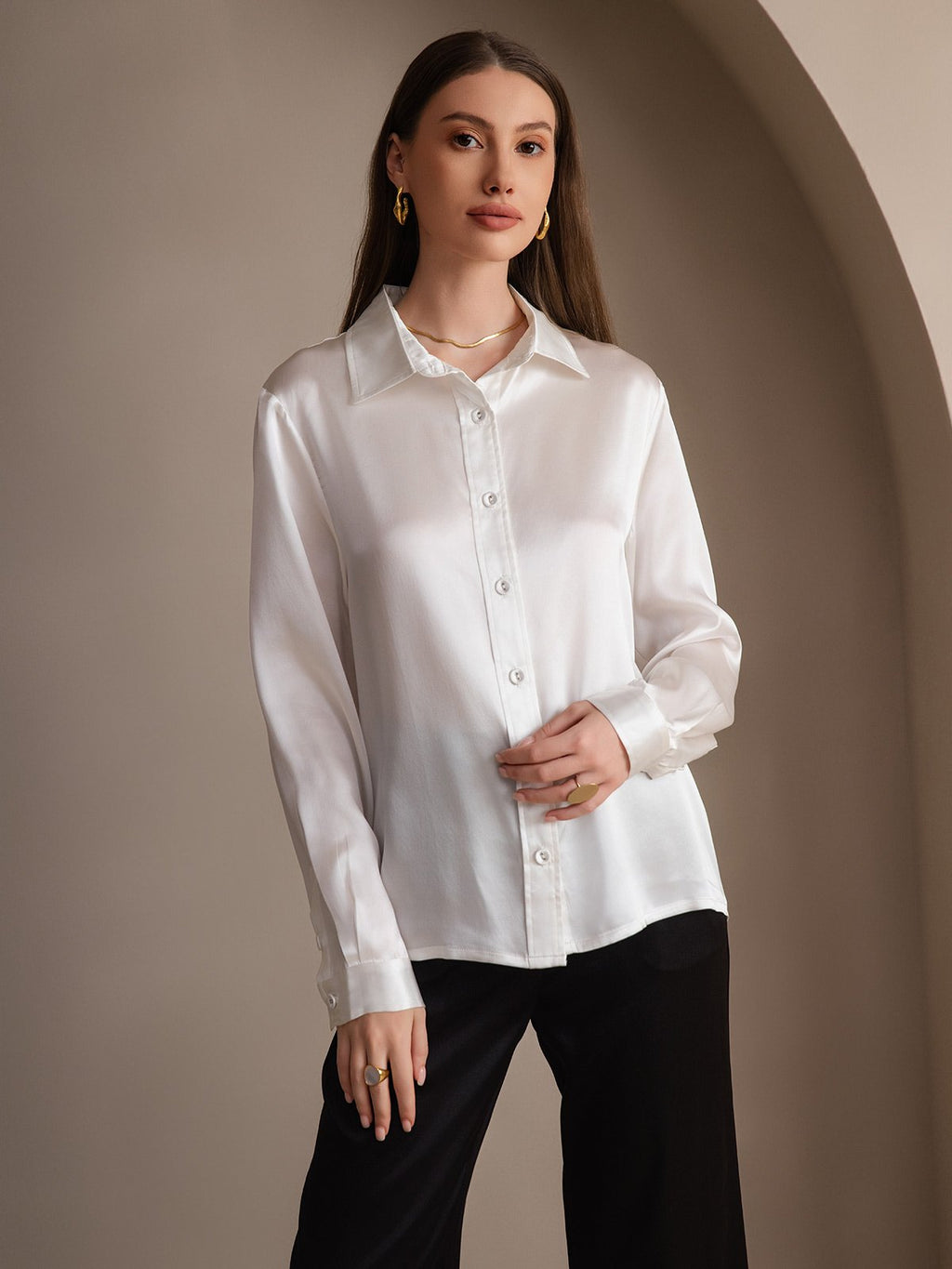19Momme Silk Long Sleeve Lapel Collar Women's Shirt