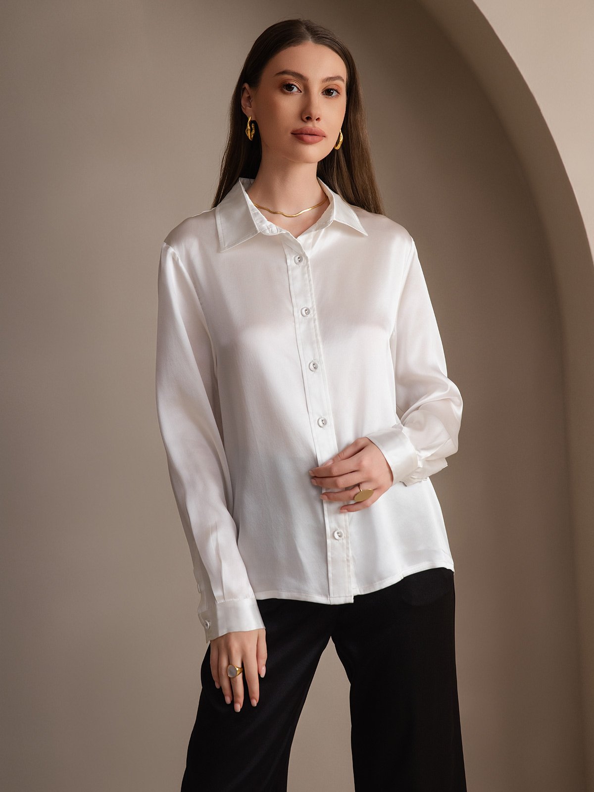 19Momme Silk Long Sleeve Lapel Collar Women's Shirt
