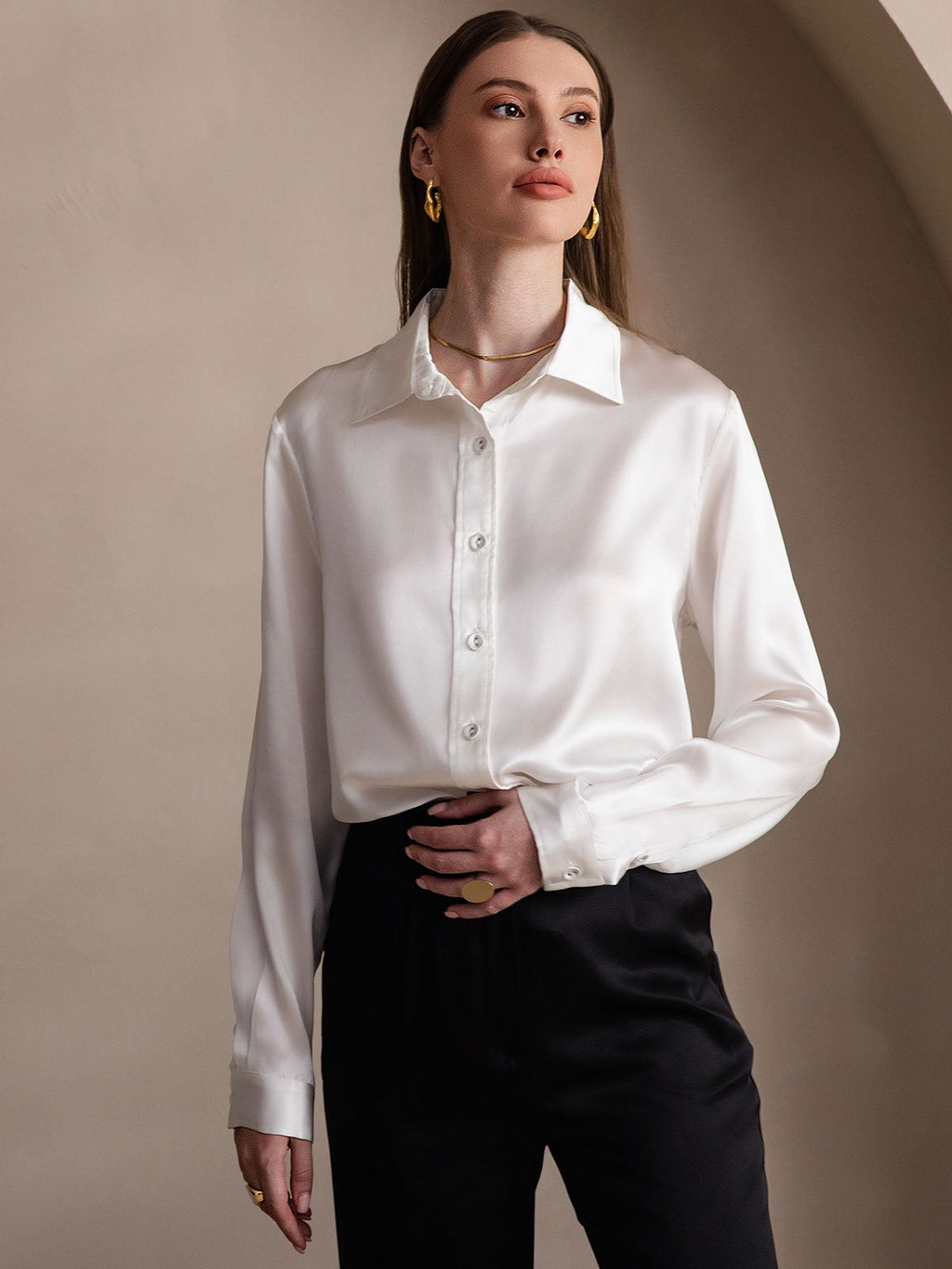19Momme Silk Long Sleeve Lapel Collar Women's Shirt