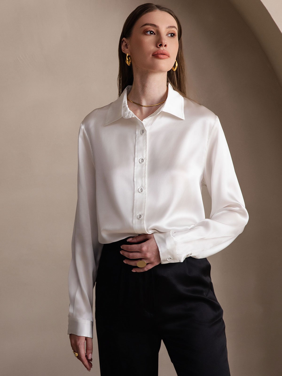 19Momme Silk Long Sleeve Lapel Collar Women's Shirt