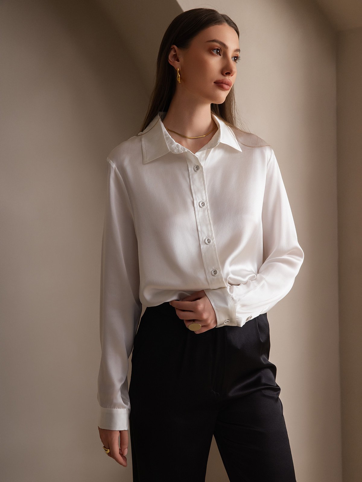 19Momme Silk Long Sleeve Lapel Collar Women's Shirt