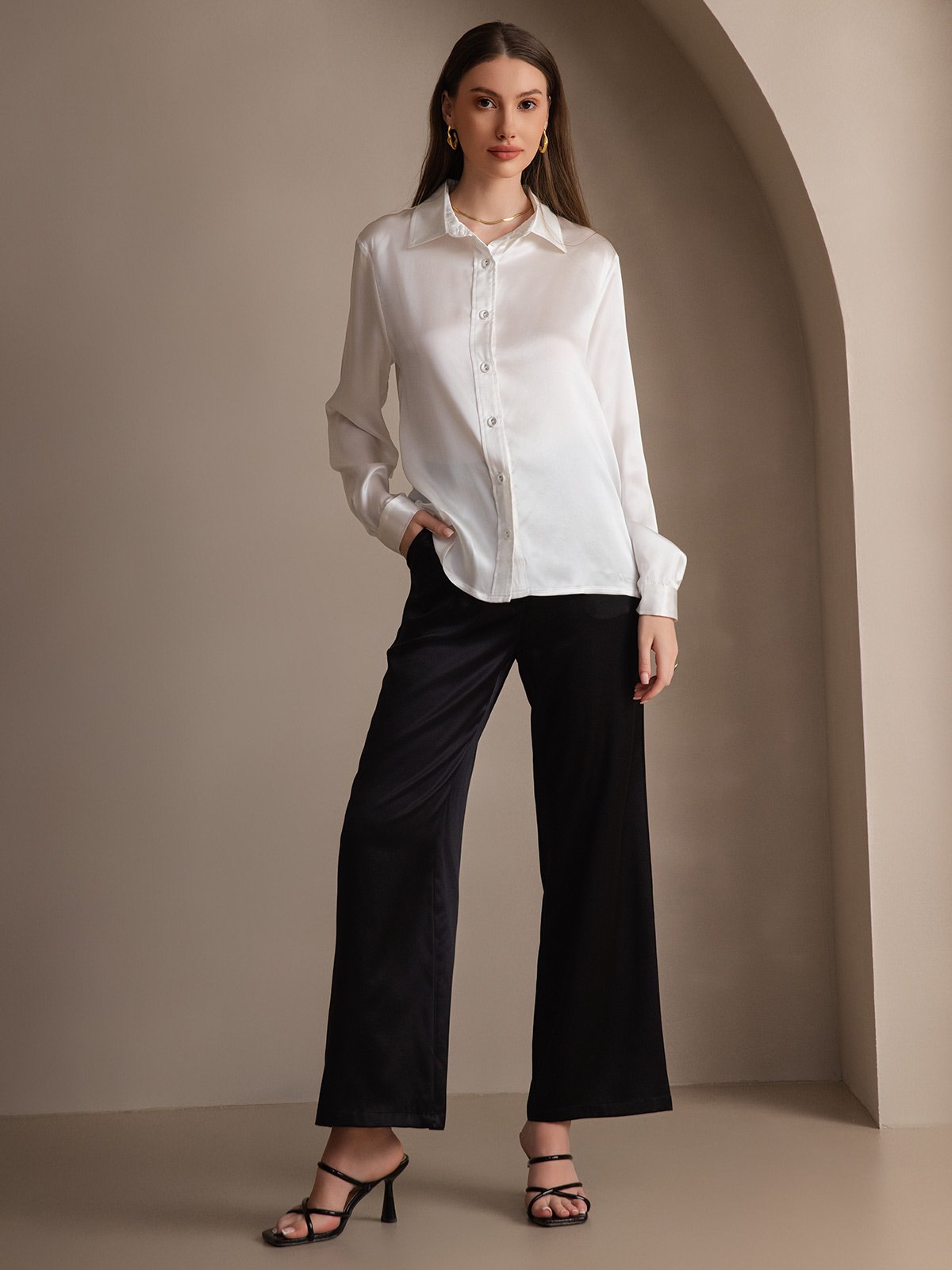 19Momme Silk Long Sleeve Lapel Collar Women's Shirt