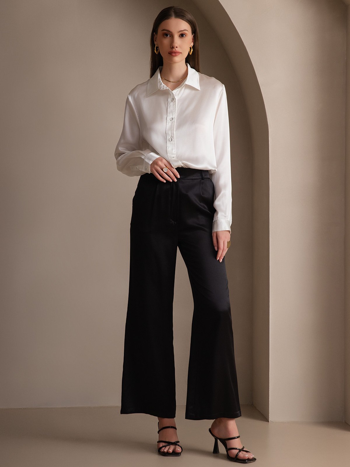 19Momme Silk Long Sleeve Lapel Collar Women's Shirt