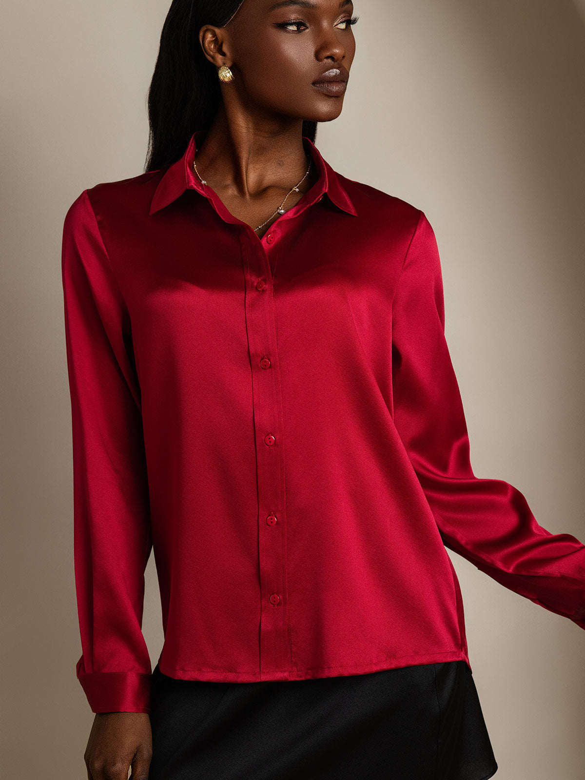 19Momme Silk Long Sleeve Lapel Collar Women's Shirt