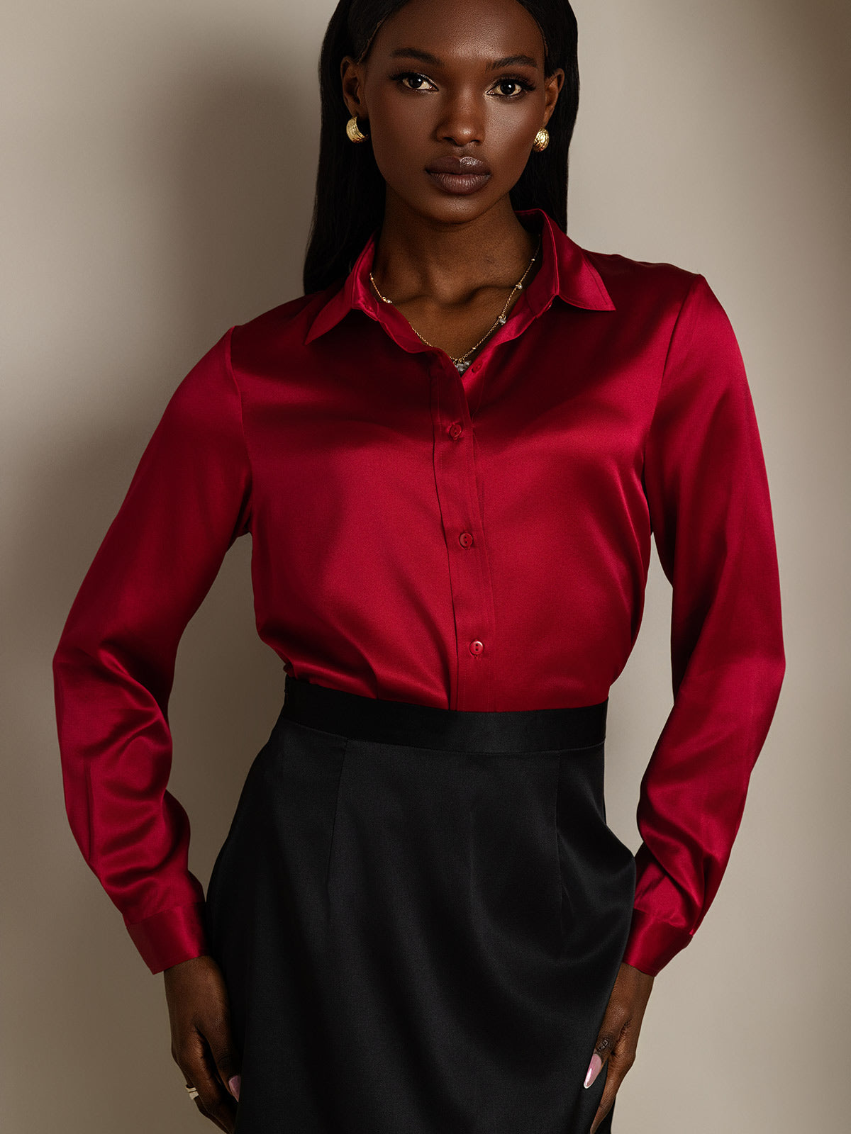 19Momme Silk Long Sleeve Lapel Collar Women's Shirt