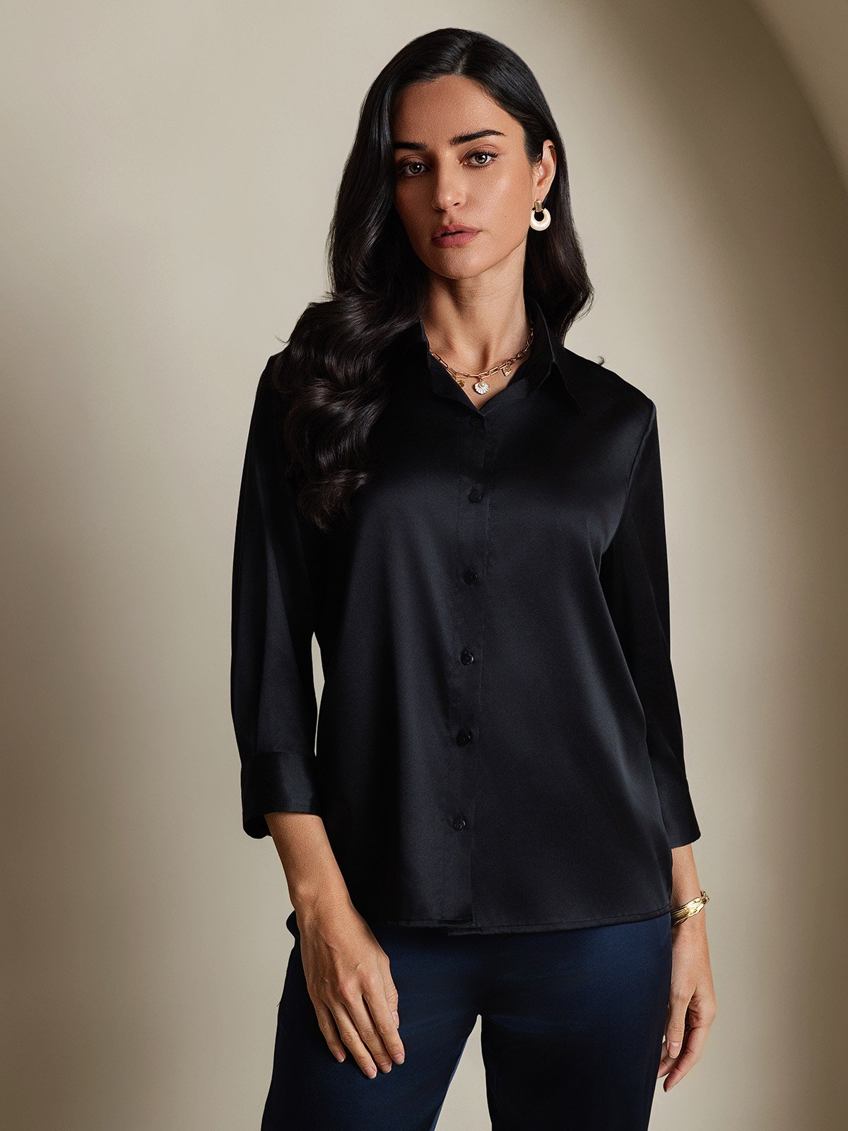 19Momme Silk 3/4 Sleeve Lapel Collar Women's Shirt with Button Up Design
