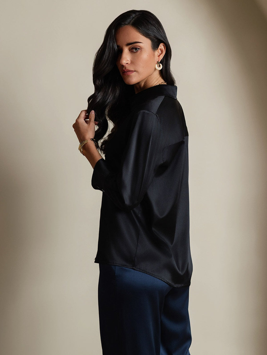19Momme Silk 3/4 Sleeve Lapel Collar Women's Shirt with Button Up Design