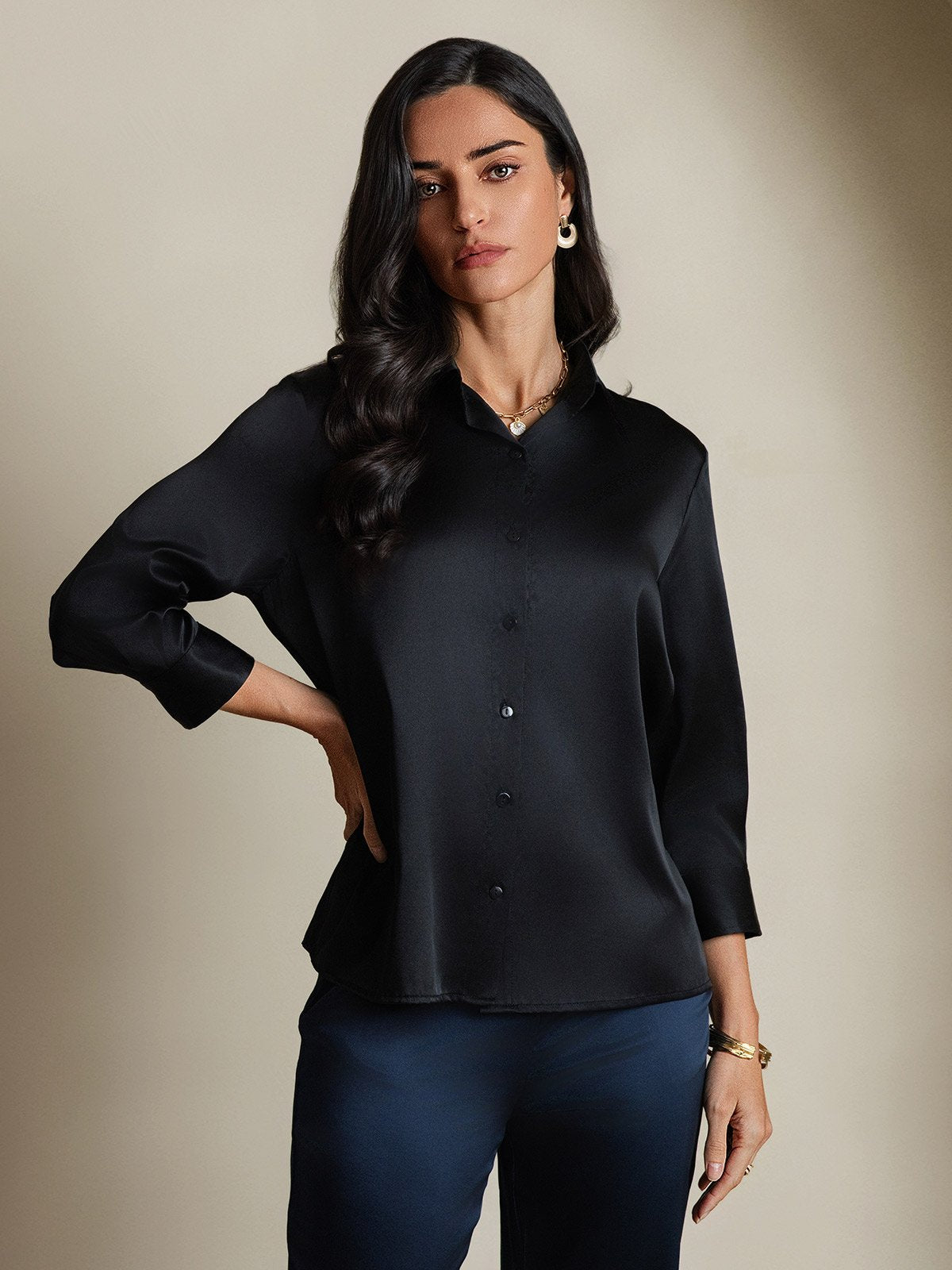 19Momme Silk 3/4 Sleeve Lapel Collar Women's Shirt with Button Up Design