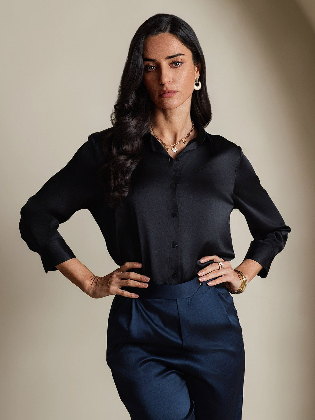 19Momme Silk 3/4 Sleeve Lapel Collar Women's Shirt with Button Up Design