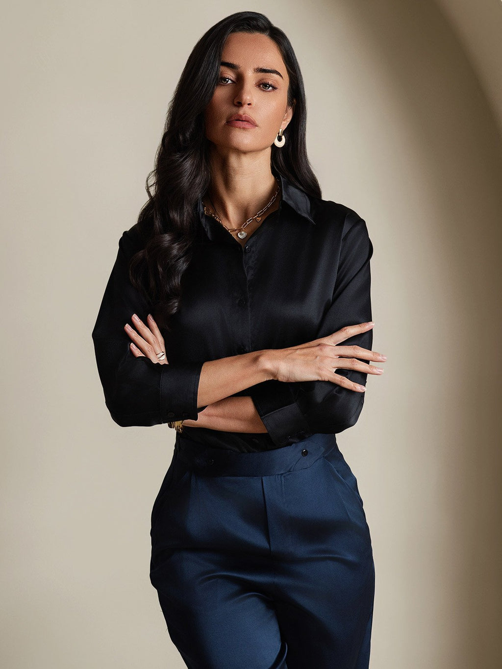 19Momme Silk 3/4 Sleeve Lapel Collar Women's Shirt with Button Up Design