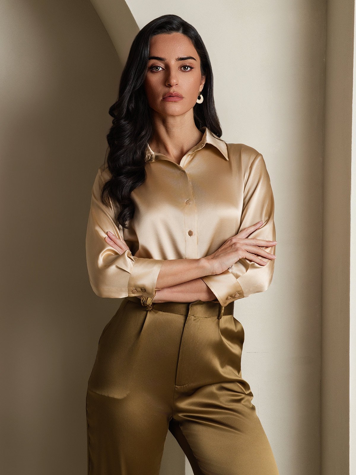 19Momme Silk 3/4 Sleeve Lapel Collar Women's Shirt with Button Up Design