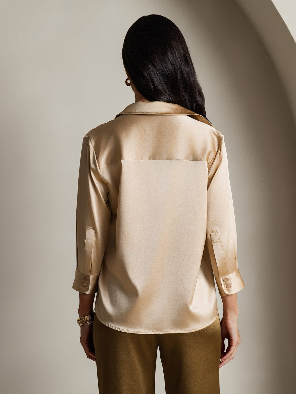 19Momme Silk 3/4 Sleeve Lapel Collar Women's Shirt with Button Up Design