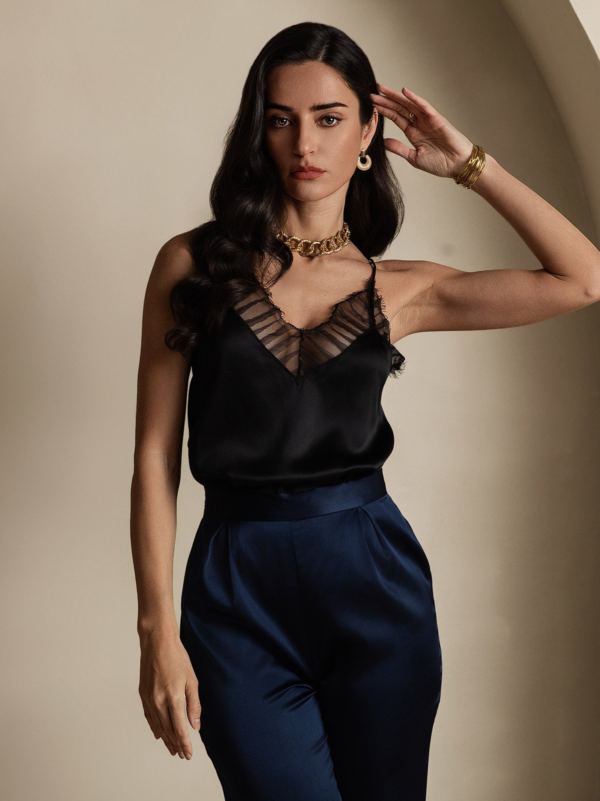 Silk Spaghetti Strap Lace-Trimmed Camisole Top