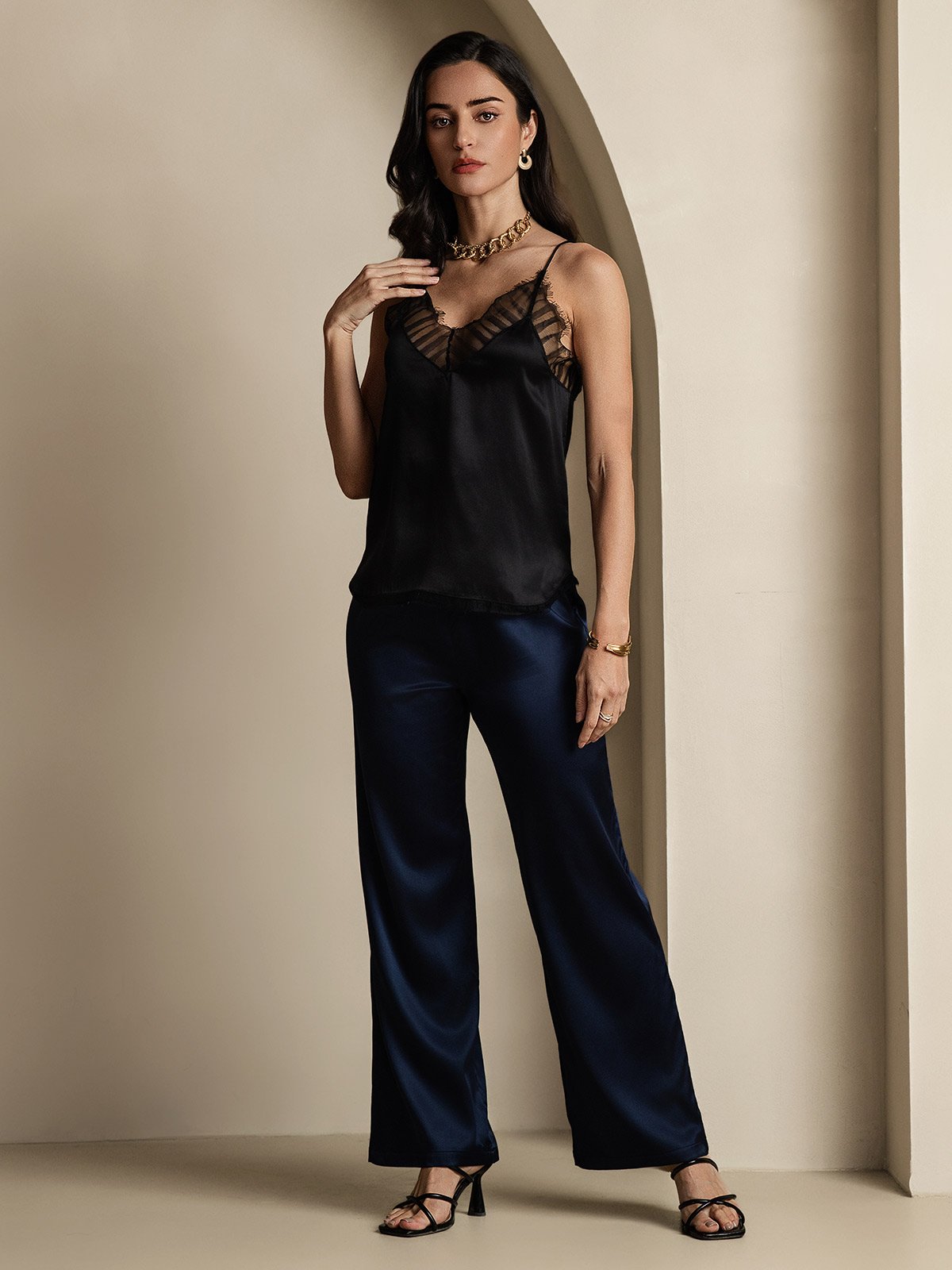 Silk Spaghetti Strap Lace-Trimmed Camisole Top