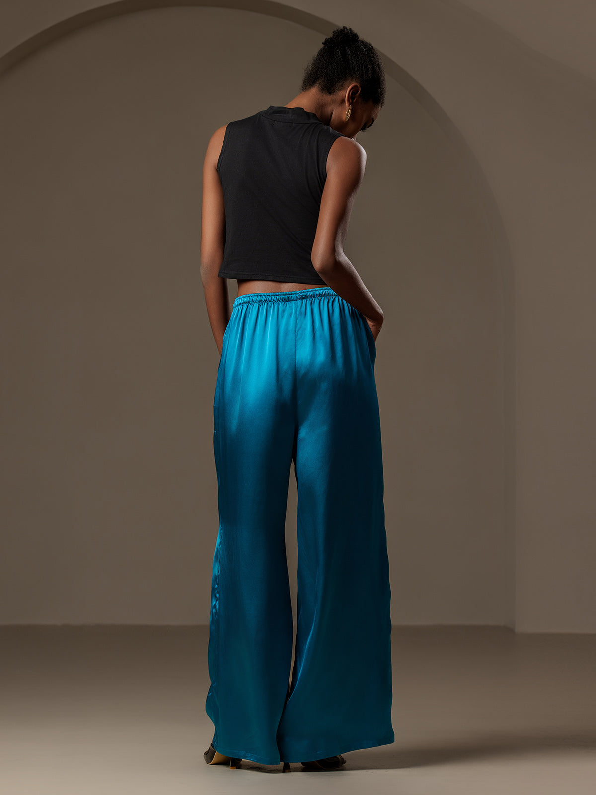 Pure Silk Wide Leg Women's Pants with Elastic Waist Design
