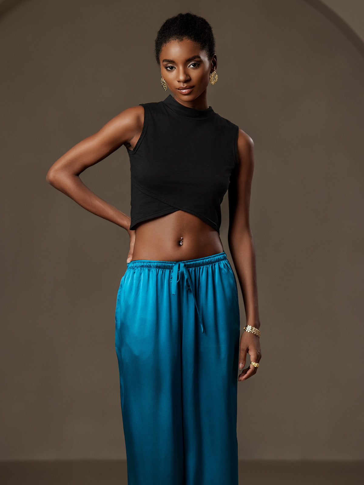 Pure Silk Wide Leg Women's Pants with Elastic Waist Design