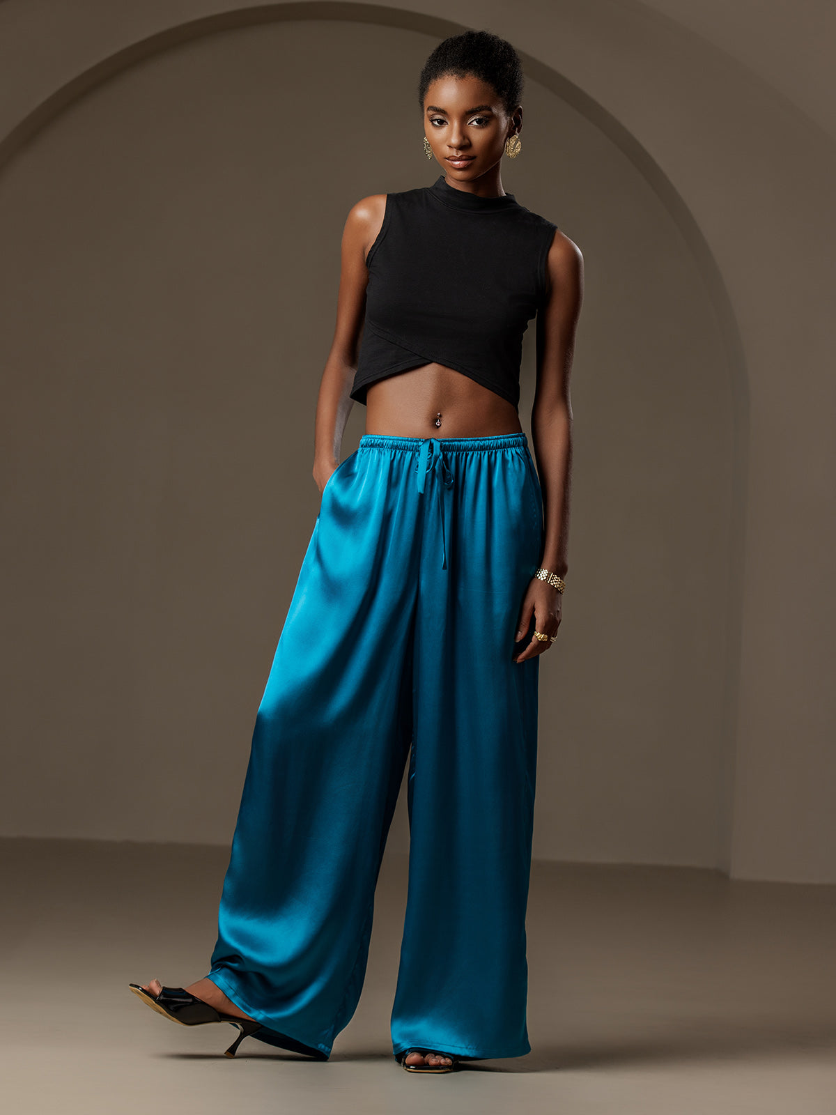Pure Silk Wide Leg Women's Pants with Elastic Waist Design