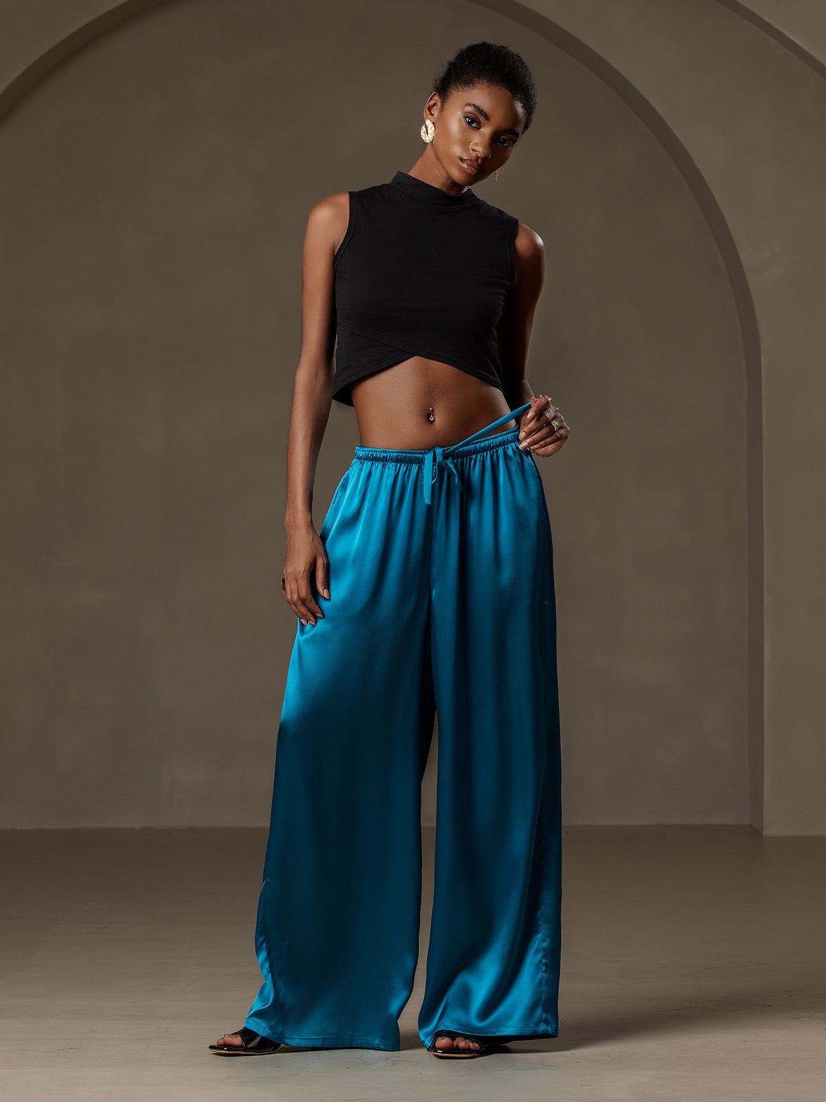 Pure Silk Wide Leg Women's Pants with Elastic Waist Design