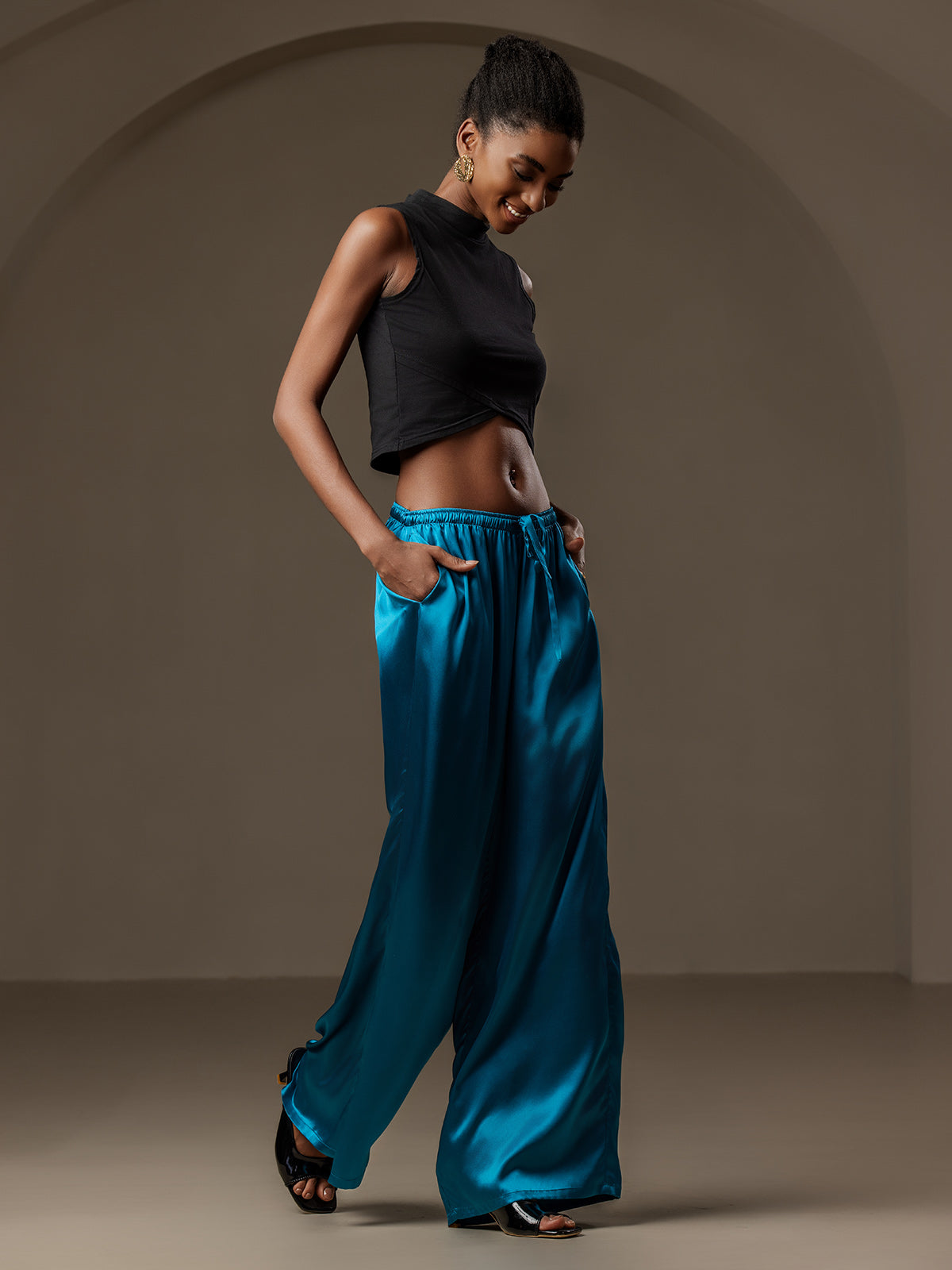 Pure Silk Wide Leg Women's Pants with Elastic Waist Design