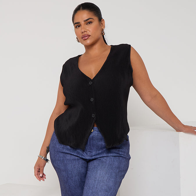 Women's Plus Size Casual Black Button-Front Sleeveless Vest Top