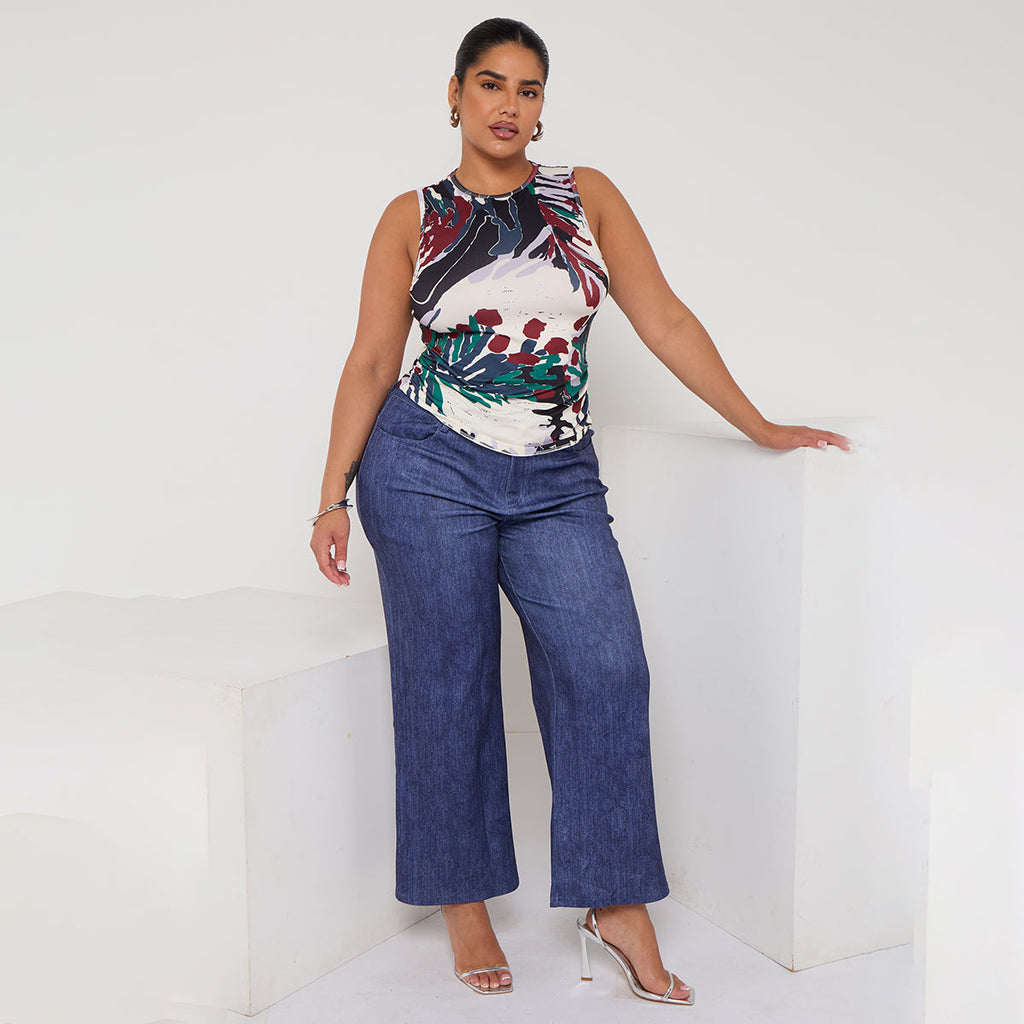Classic Abstract Flowers Sleeveless Crew Neck Top