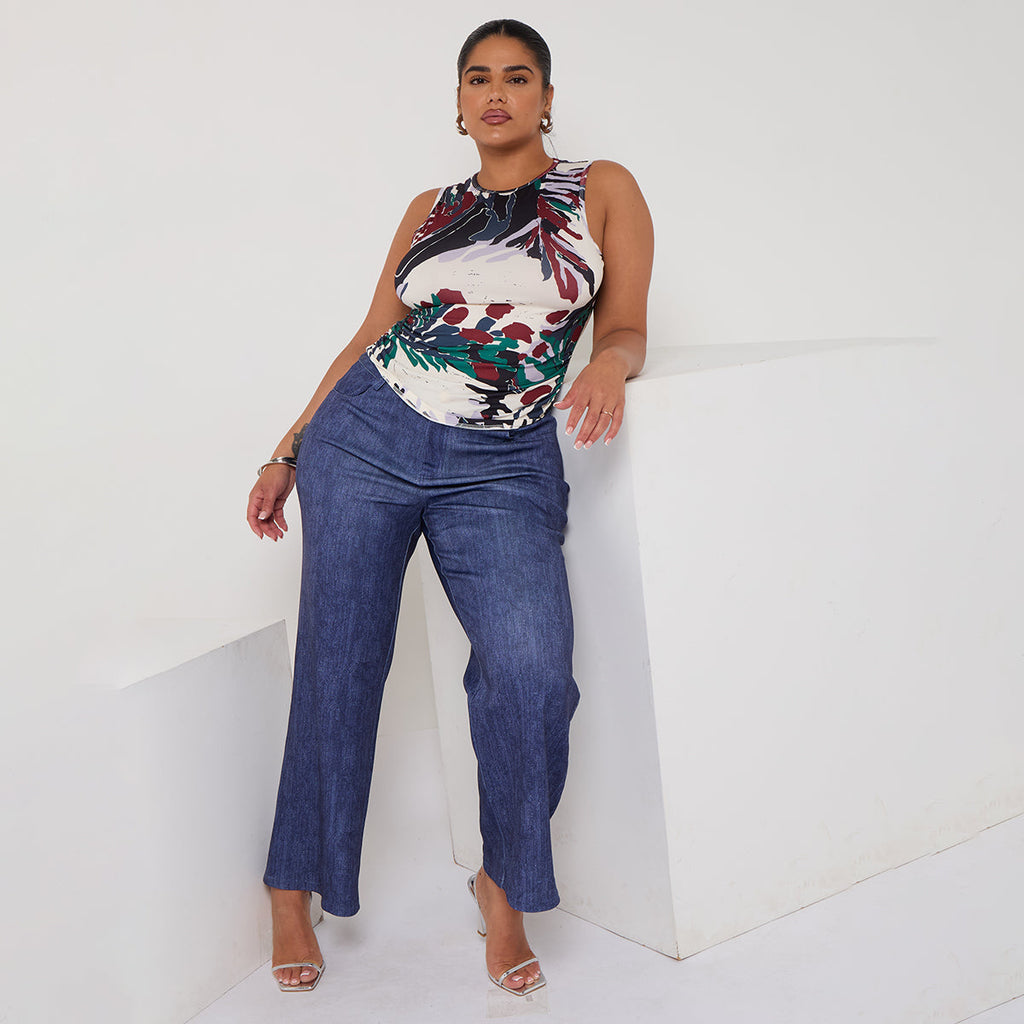 Classic Abstract Flowers Sleeveless Crew Neck Top