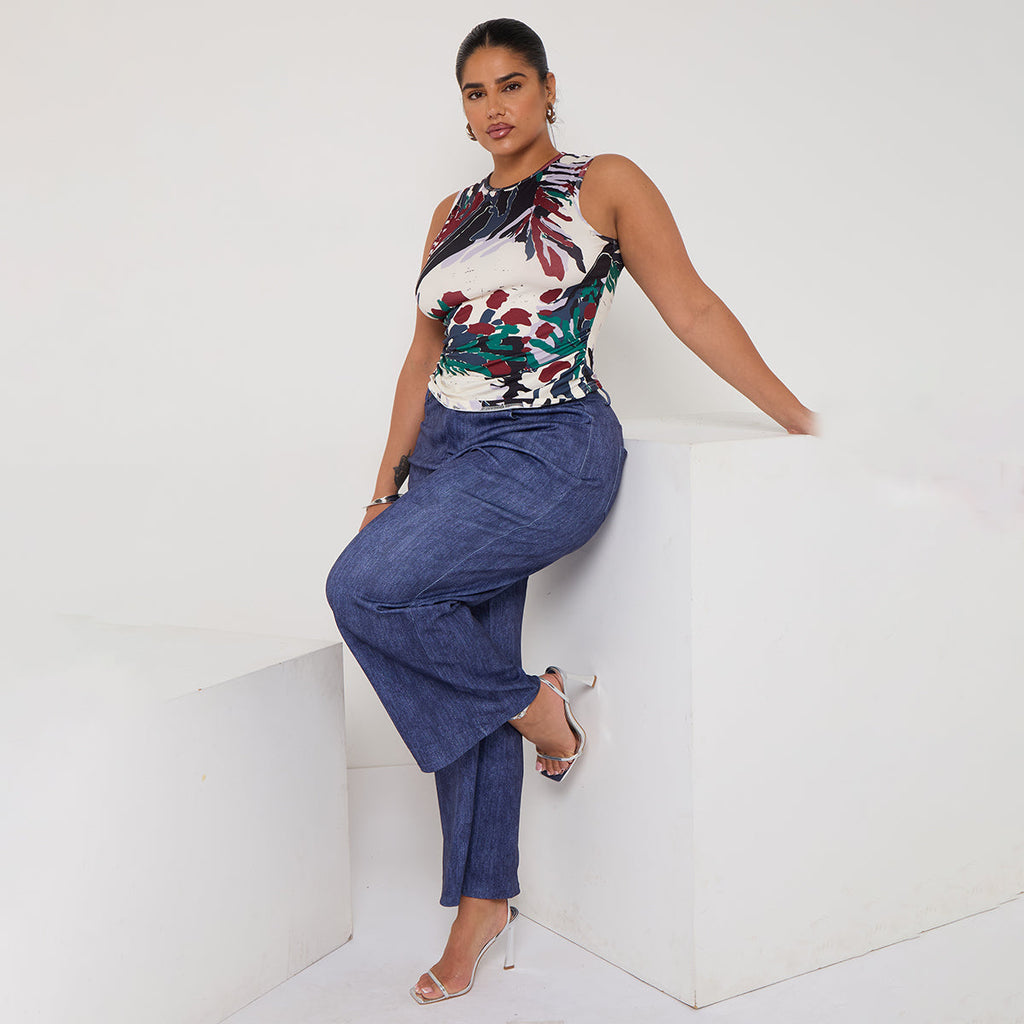 Classic Abstract Flowers Sleeveless Crew Neck Top