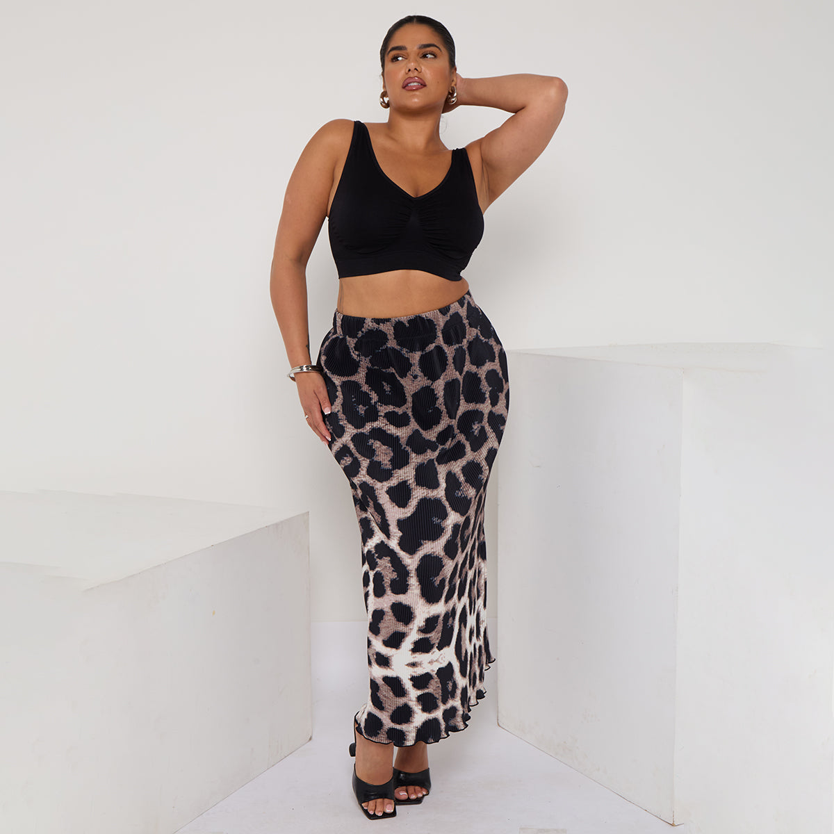 Gradient Retro Leopard Print Ripple Pleated Skirt