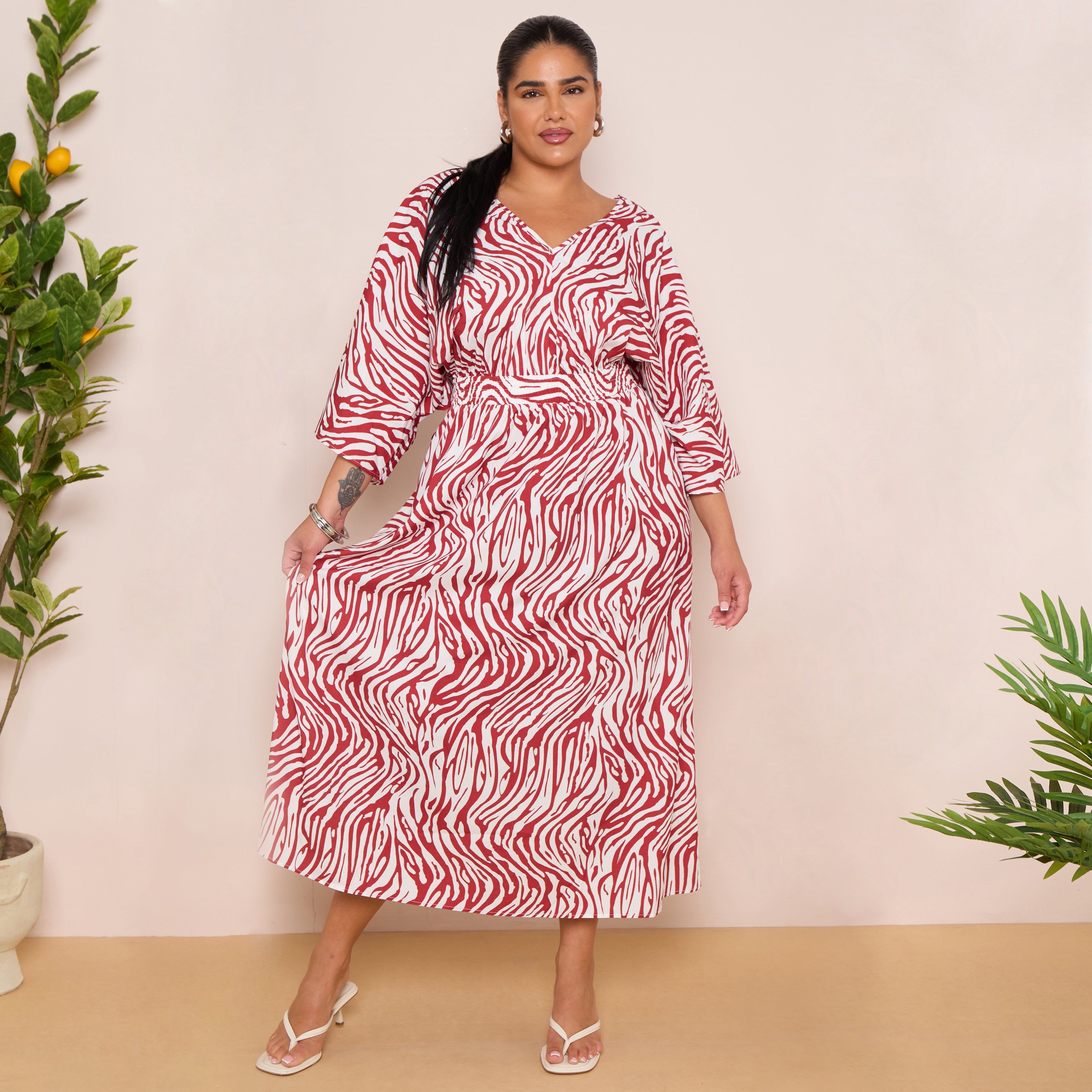 Long Sleeve Tie Back Maxi Dress in Burgundy Print