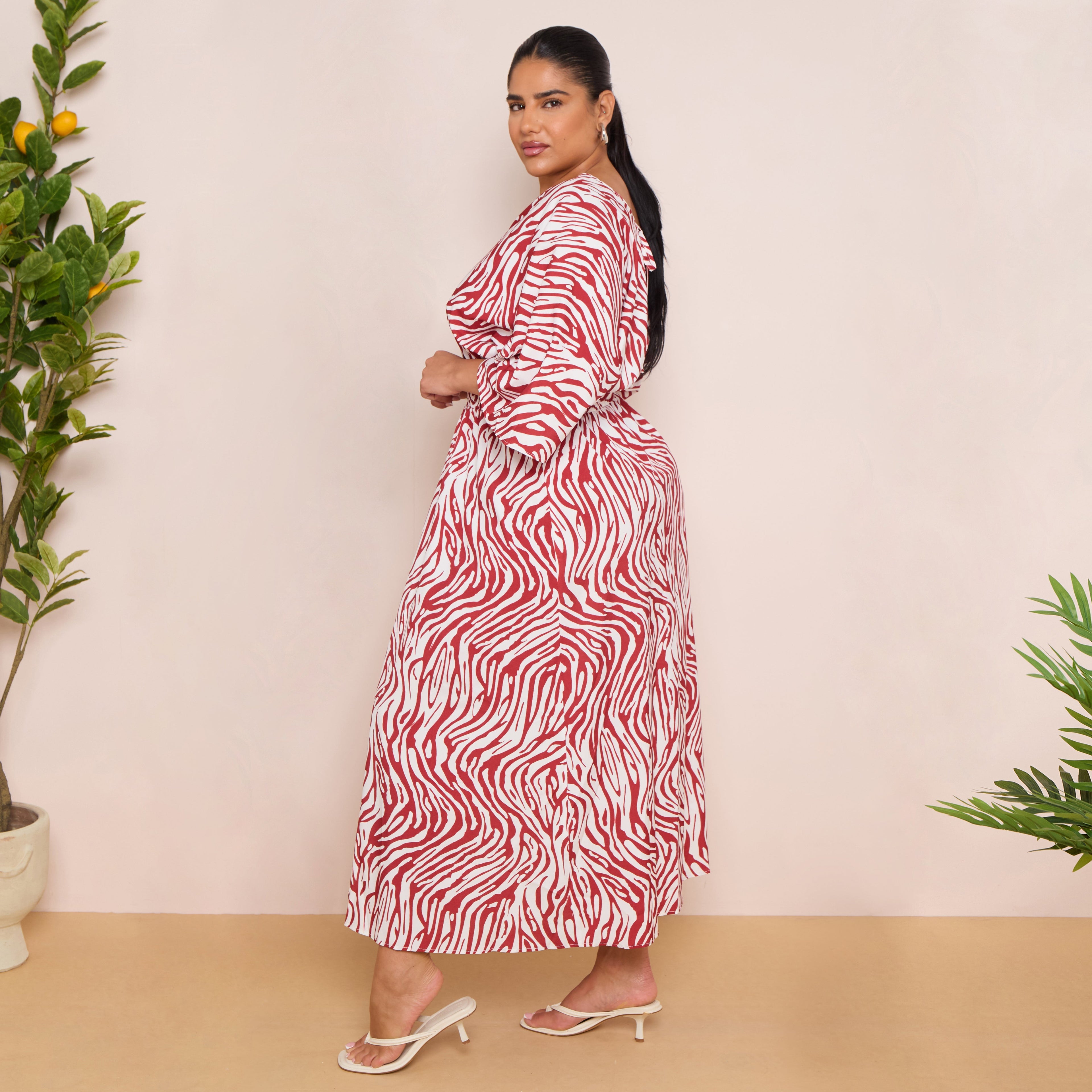 Long Sleeve Tie Back Maxi Dress in Burgundy Print