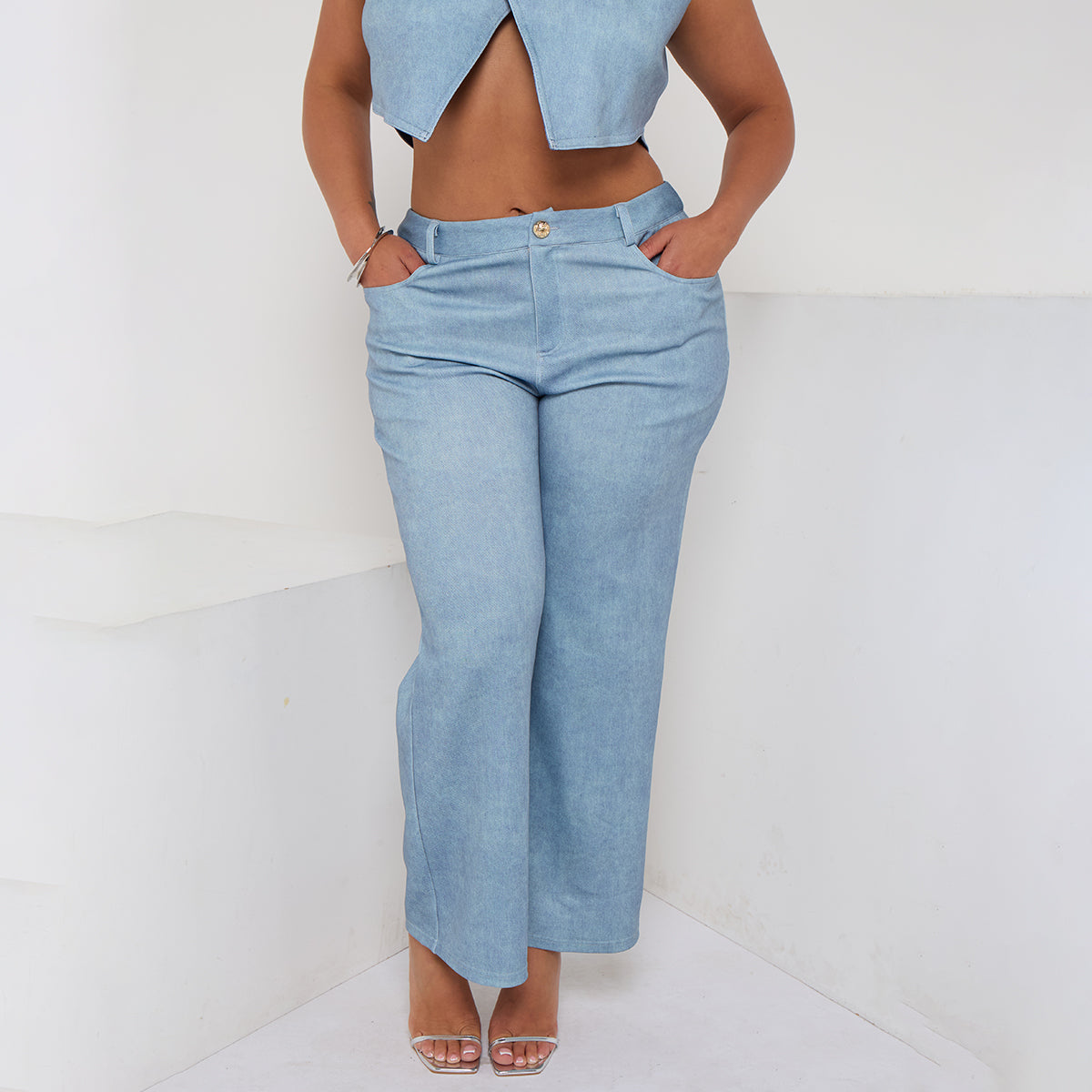 High-Waisted Light Wash Wide-Leg Denim Pants