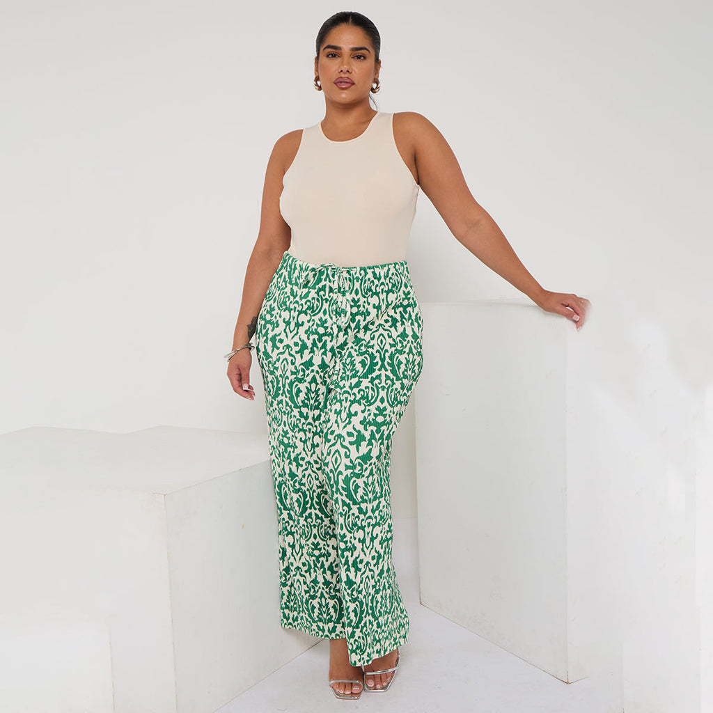 Green Boho Breeze Floral Palazzo Pants Wide-Leg Trousers