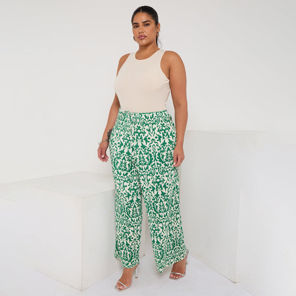 Green Boho Breeze Floral Palazzo Pants Wide-Leg Trousers