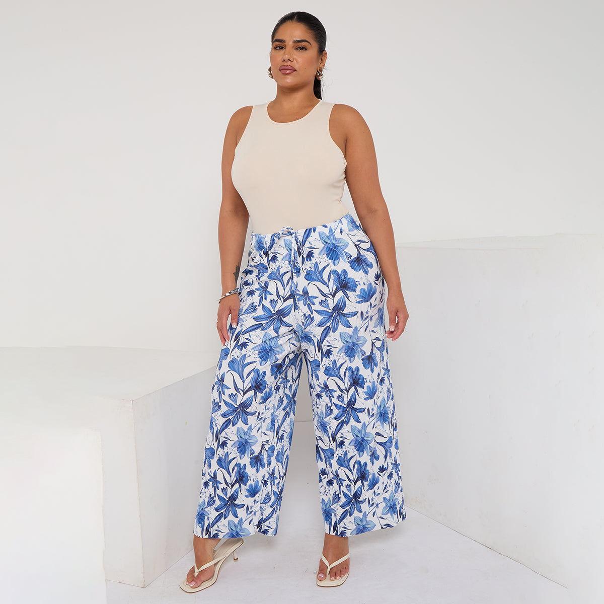Boho Breeze Blue Floral Wide-Leg Trousers Palazzo Pants