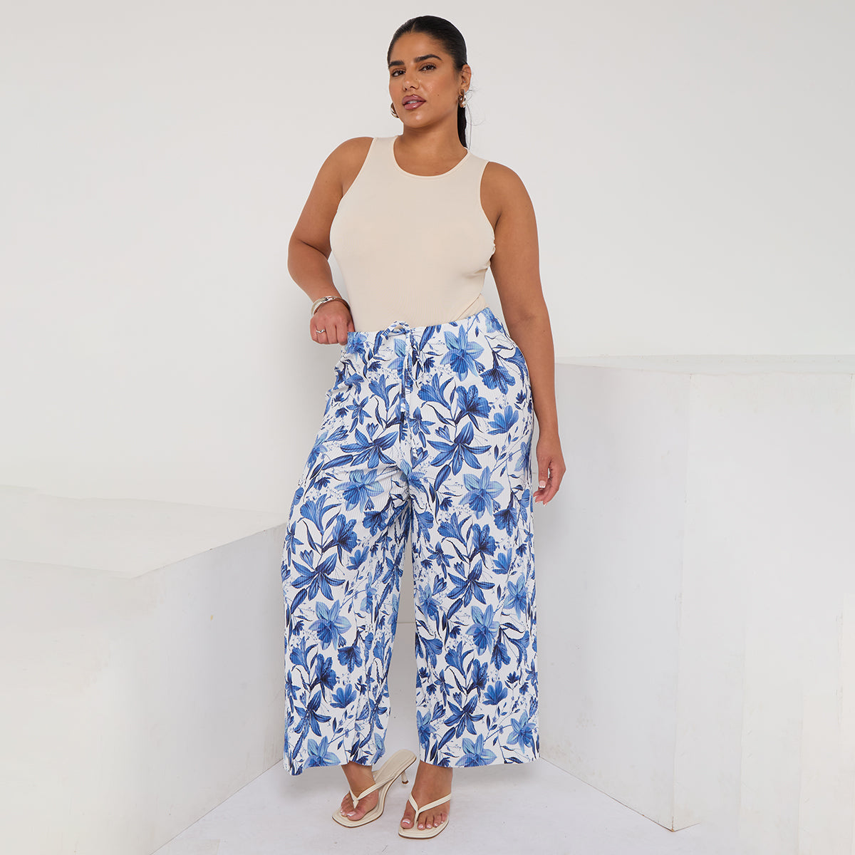 Boho Breeze Blue Floral Wide-Leg Trousers Palazzo Pants
