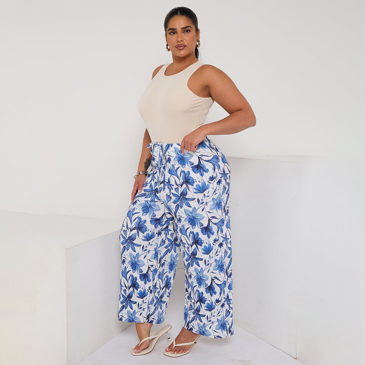 Boho Breeze Blue Floral Wide-Leg Trousers Palazzo Pants