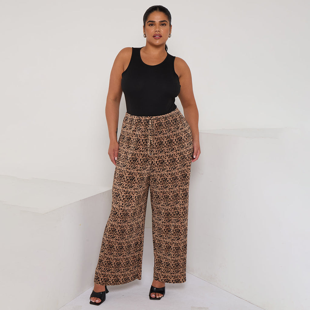 Brown Leopard Wide-Leg Drawstring Palazzo Pleated Pants