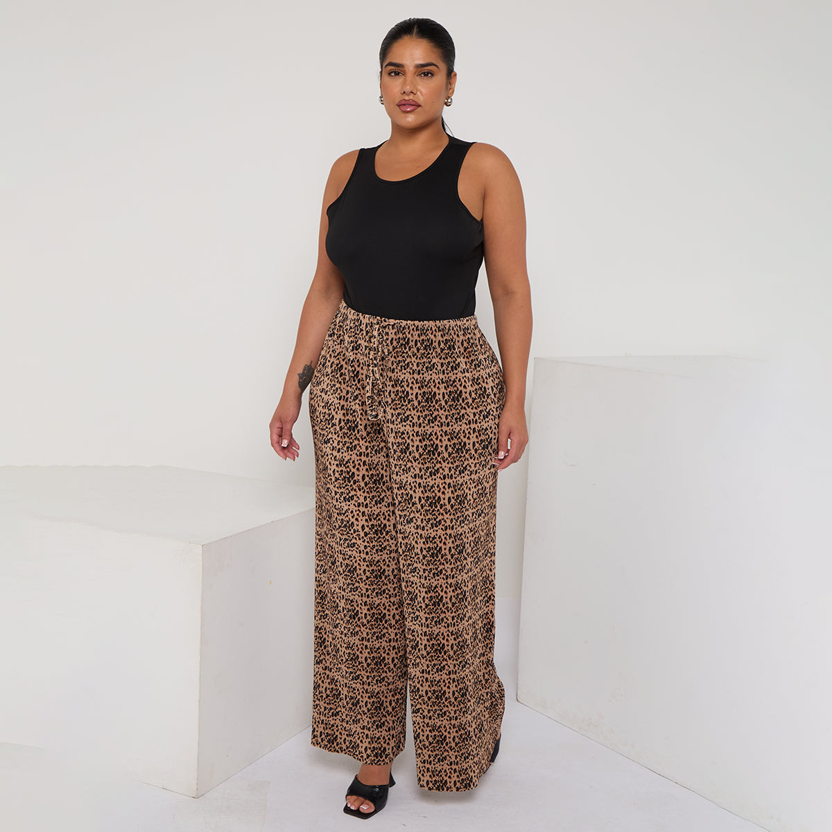 Brown Leopard Wide-Leg Drawstring Palazzo Pleated Pants