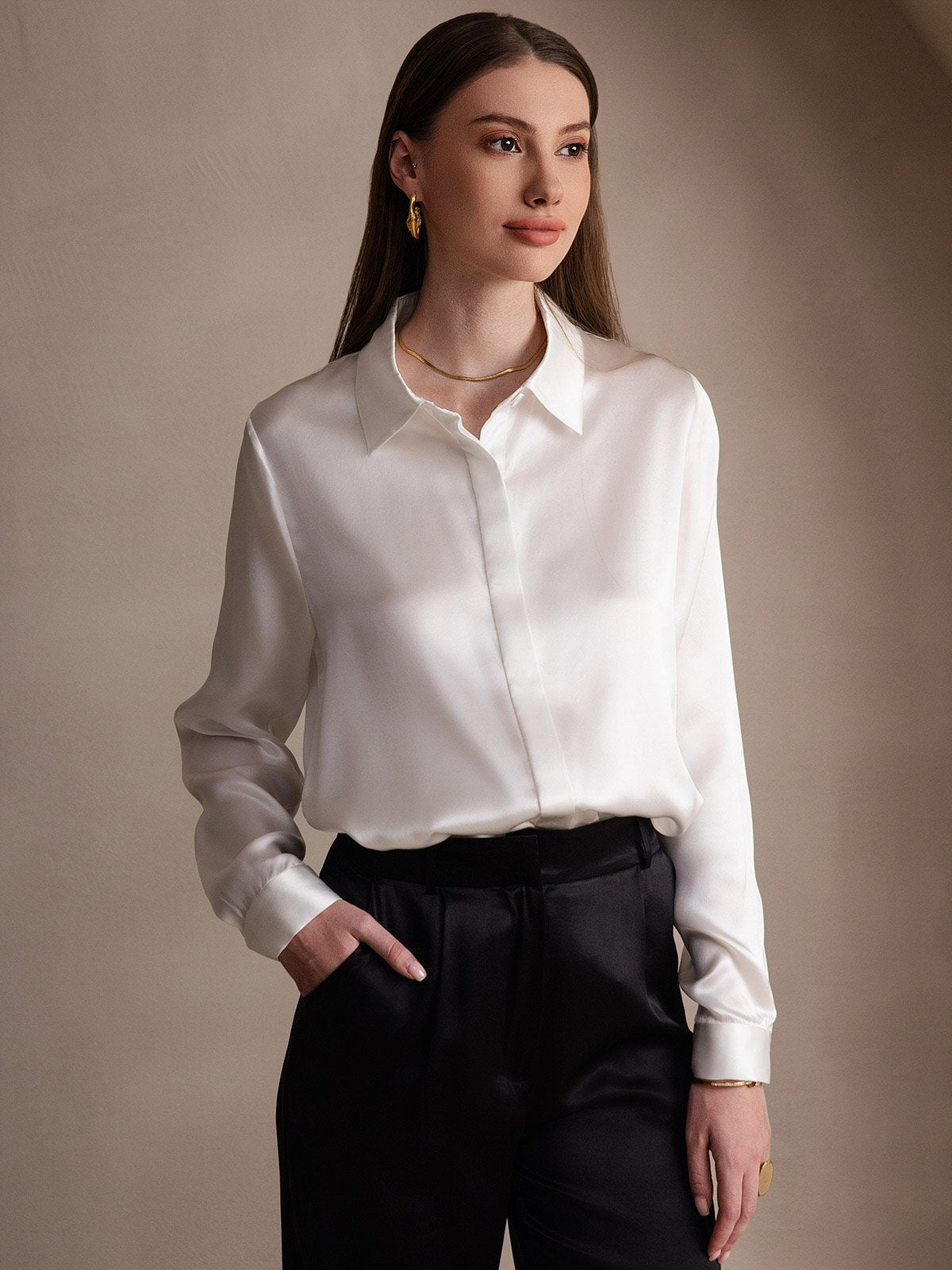 19Momme Silk Long Sleeve Lapel Collar Women's Shirt