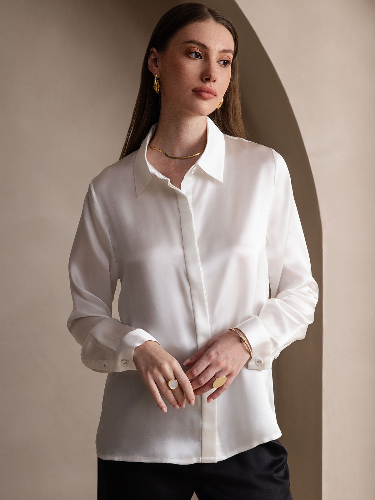 19Momme Silk Long Sleeve Lapel Collar Women's Shirt