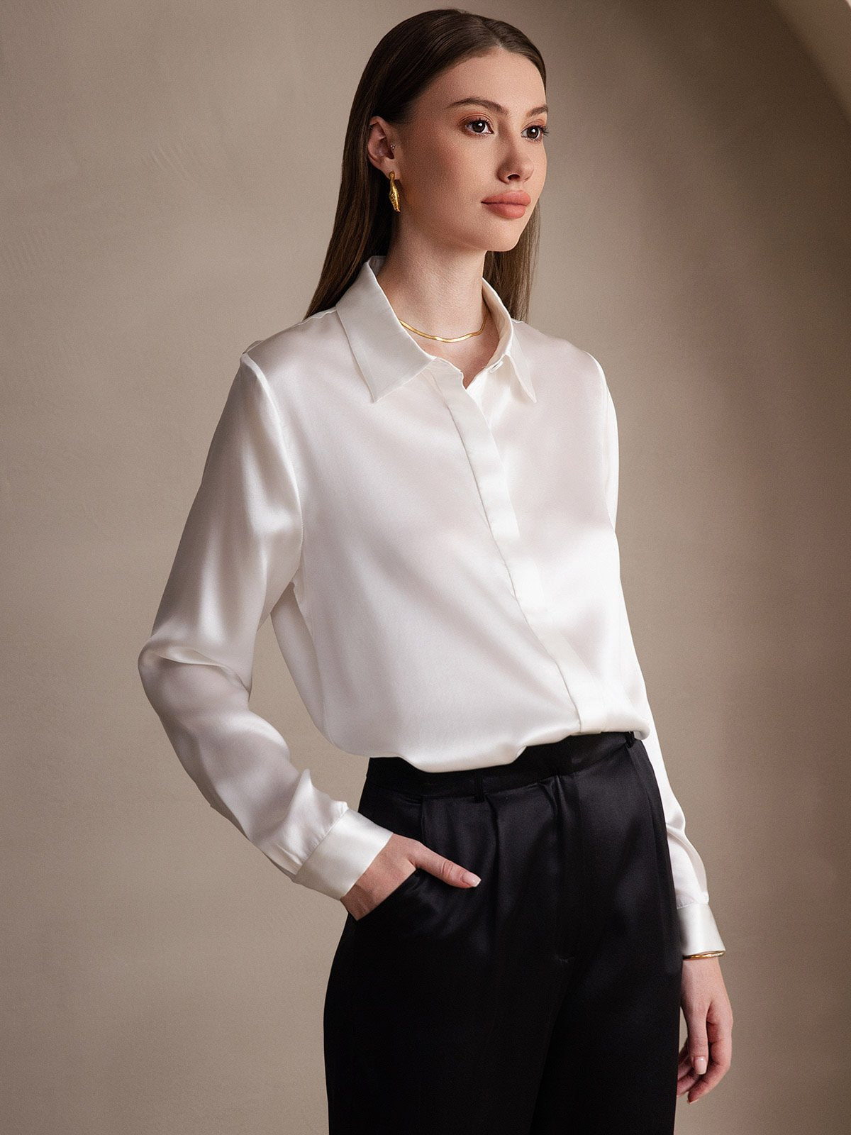 19Momme Silk Long Sleeve Lapel Collar Women's Shirt