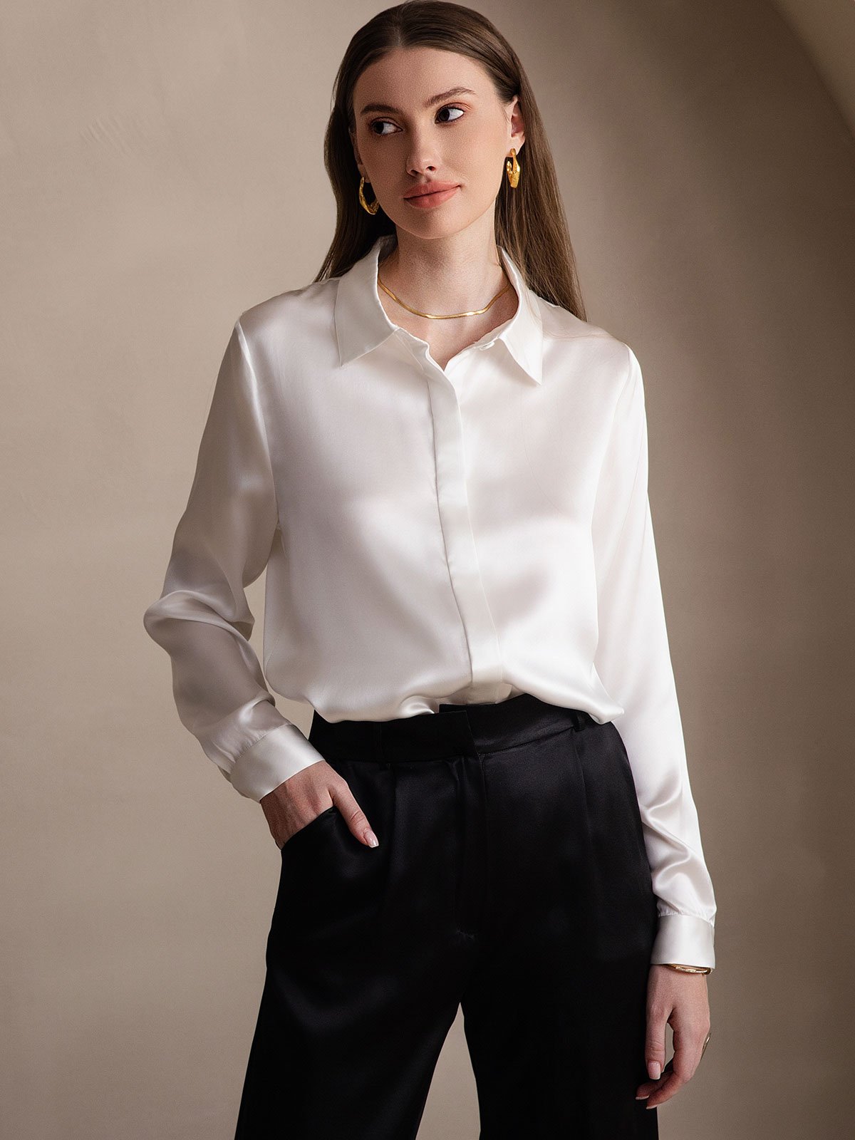 19Momme Silk Long Sleeve Lapel Collar Women's Shirt