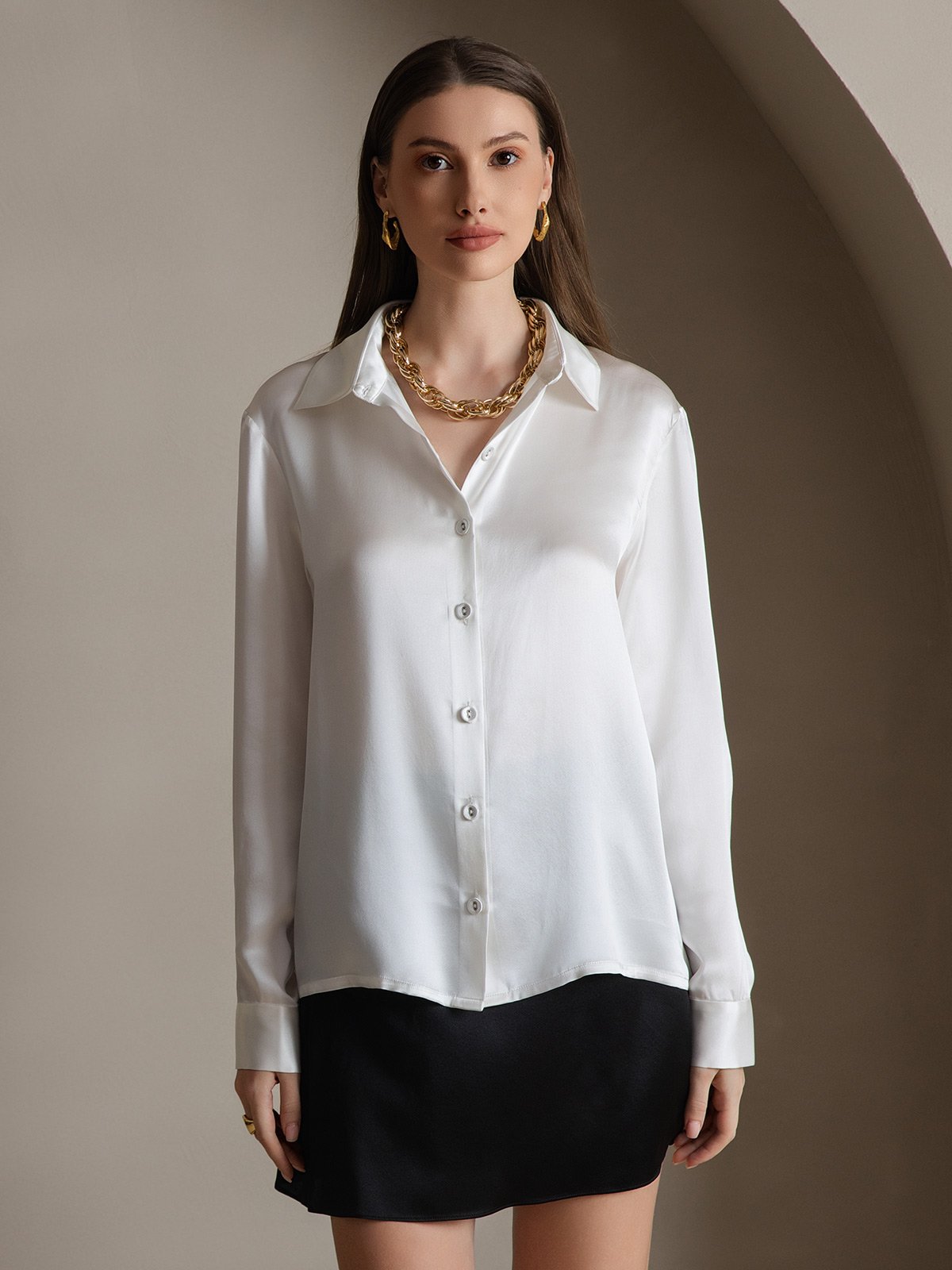 19Momme Silk Long Sleeve Lapel Collar Women's Shirt