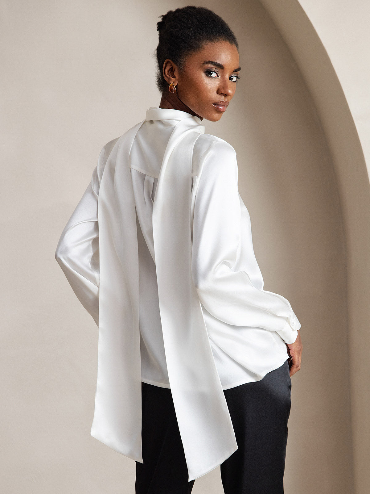 19Momme Silk Long Sleeve High Neck Bow Tie Blouse