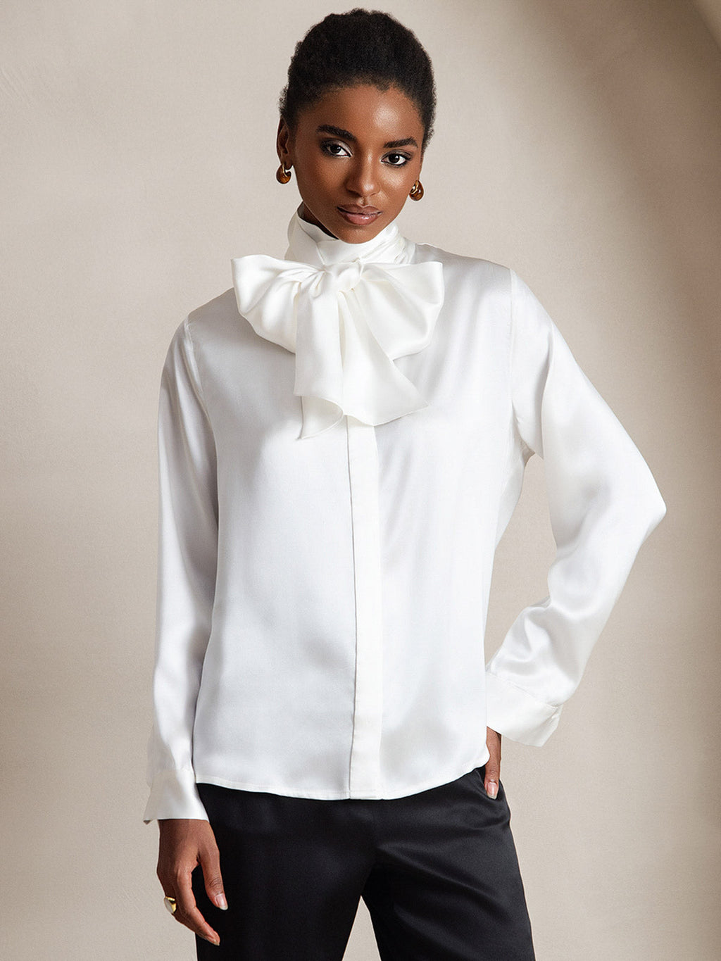 19Momme Silk Long Sleeve High Neck Bow Tie Blouse